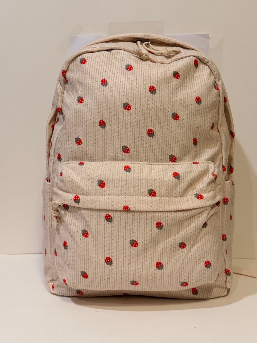 NWOT Bluboon Strawberry Lgt Khaki/Cream Corduroy Backpack w/Lunch & Pencil Case
